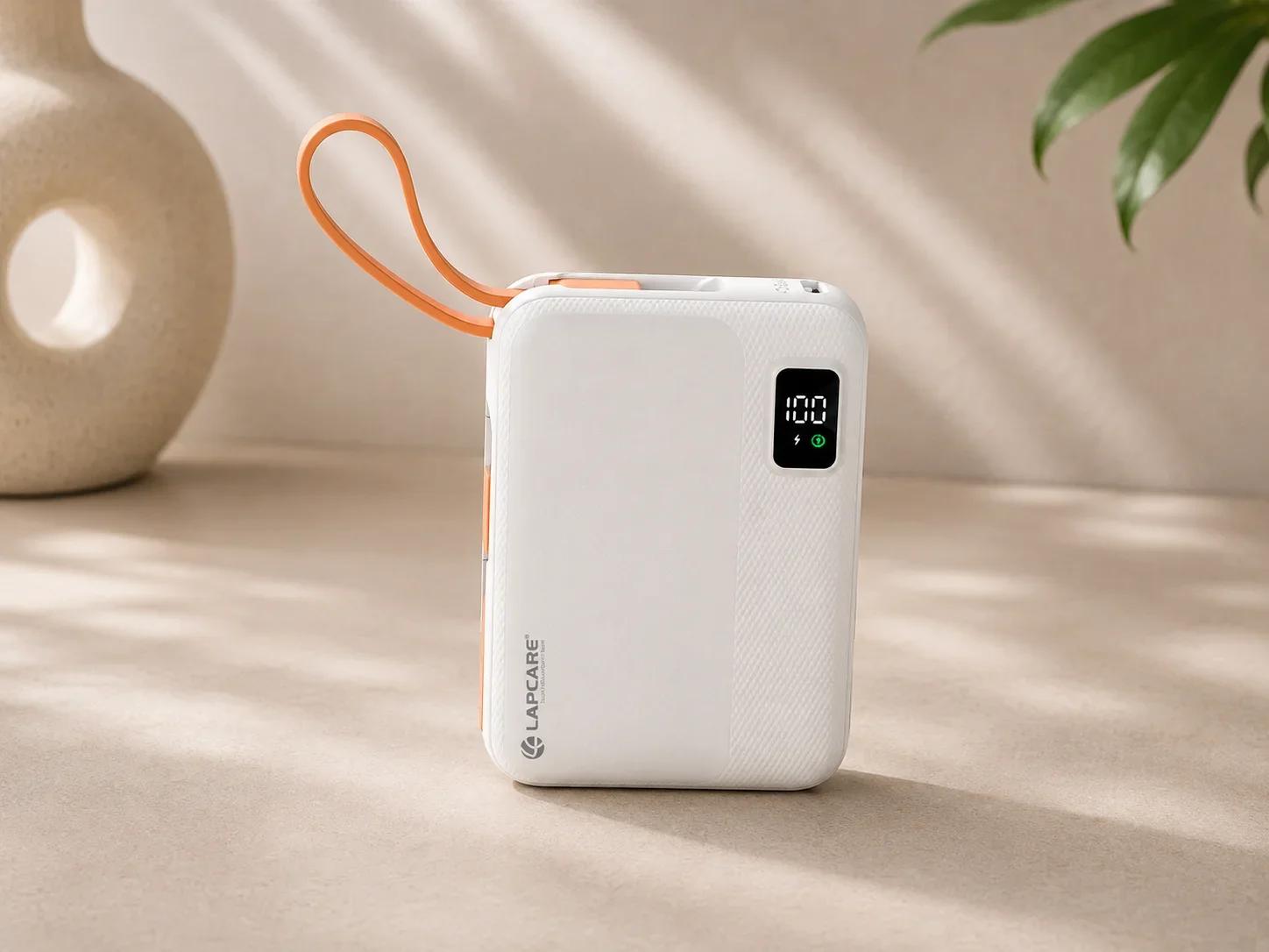 Lapcare Compact Fast Charging Power Bank with Digital Display and Orange Lanyard Strap