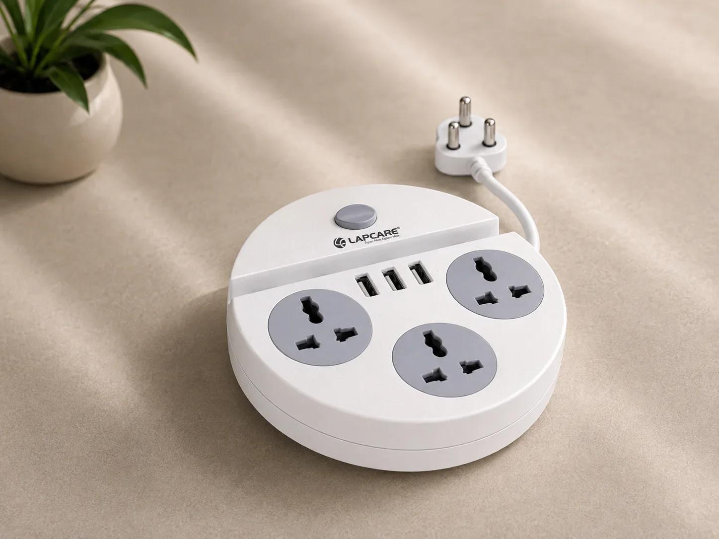 Lapcare Circular Power Extension Board with 3 Universal AC Sockets and 3 USB Charging Ports