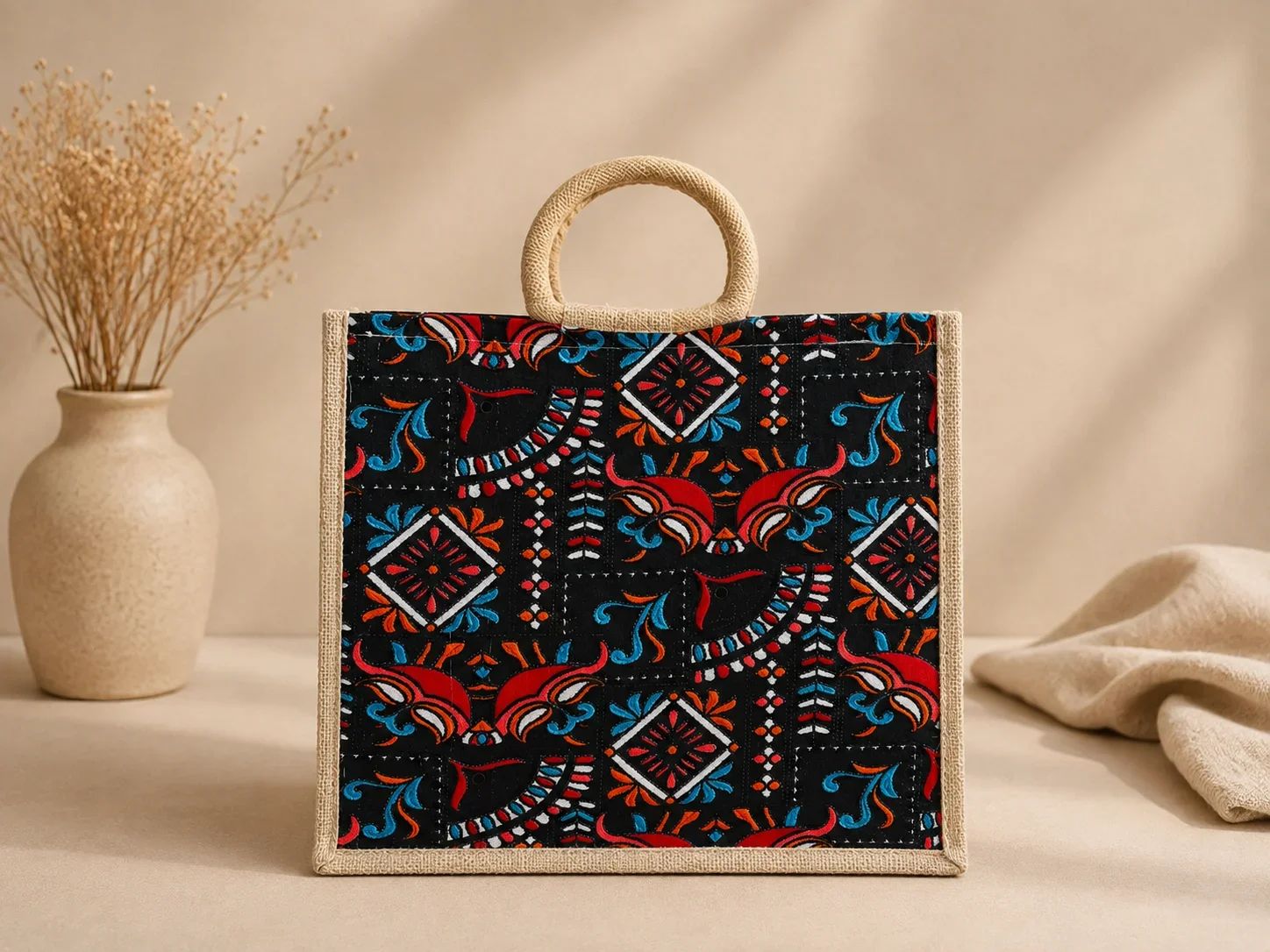 Ethnic Printed Jute Canvas Tote Bag
