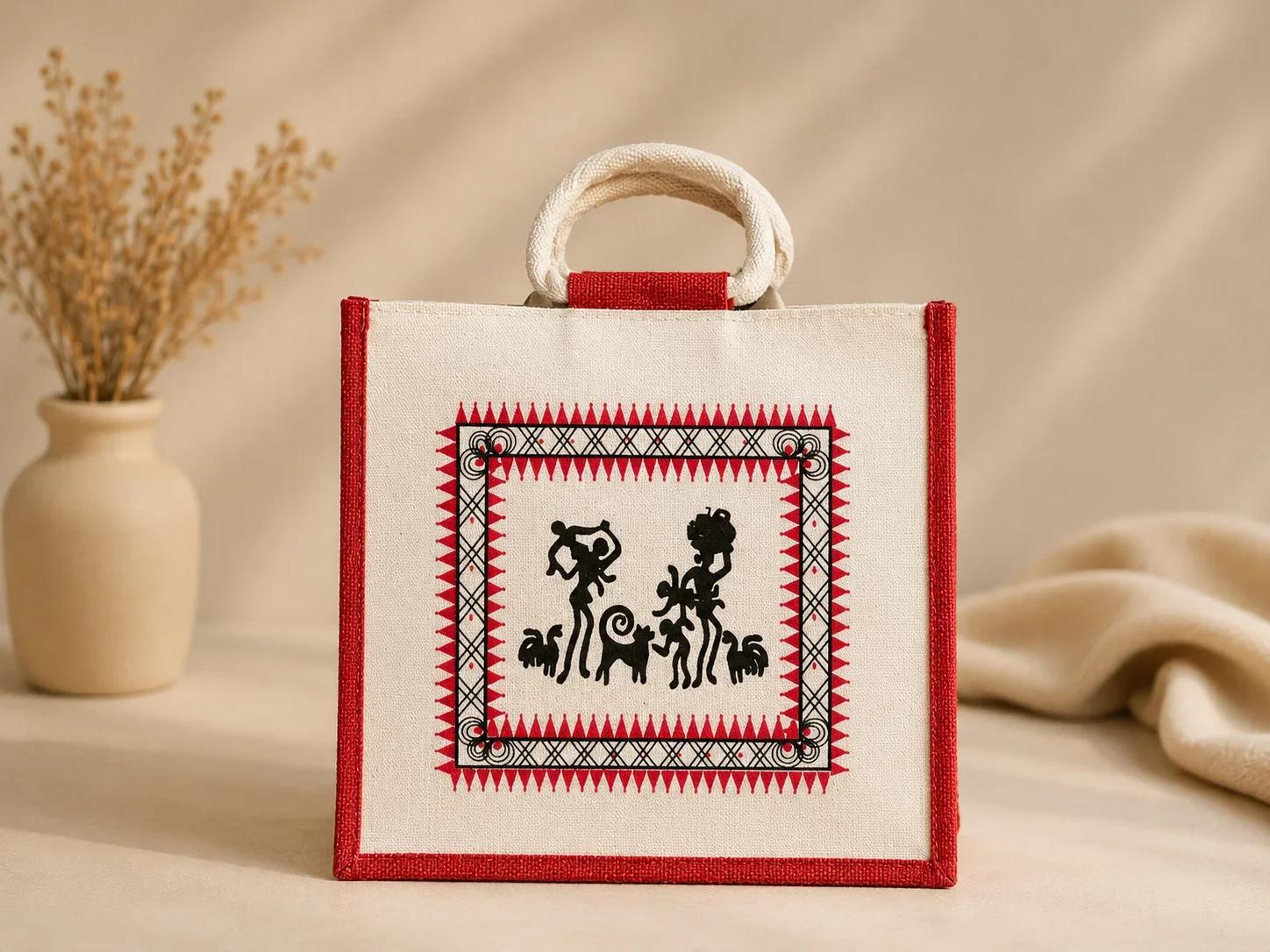 Warli Art Printed Beige Jute Tote Bag