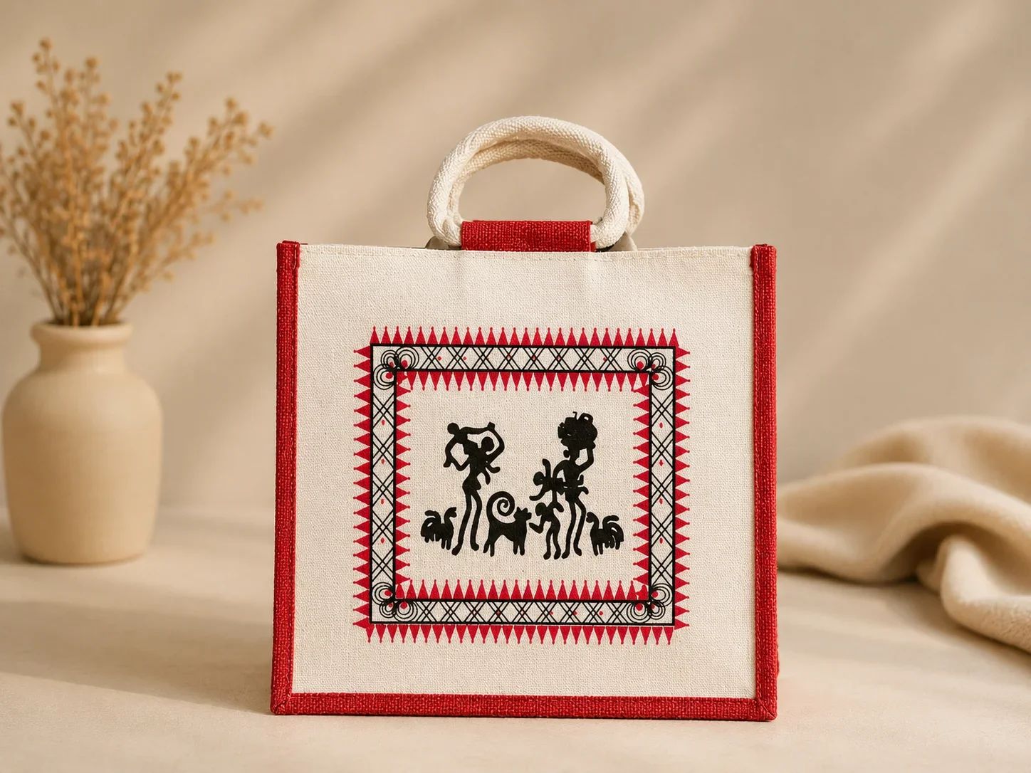 Warli Art Printed Beige Jute Tote Bag