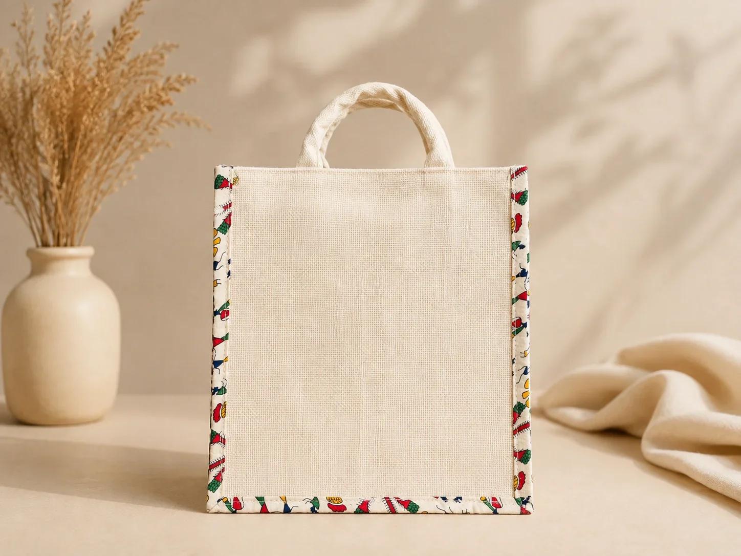 Floral Printed Border Natural Jute Tote Bag