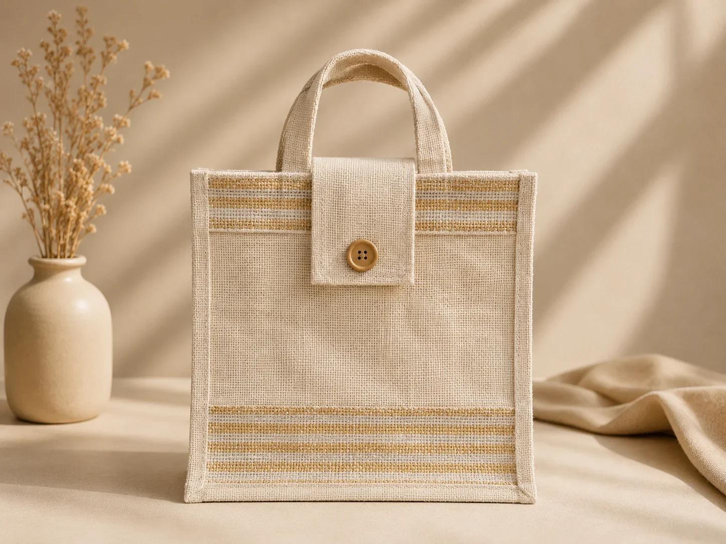 Striped Button-Closure Jute Canvas Tote Bag