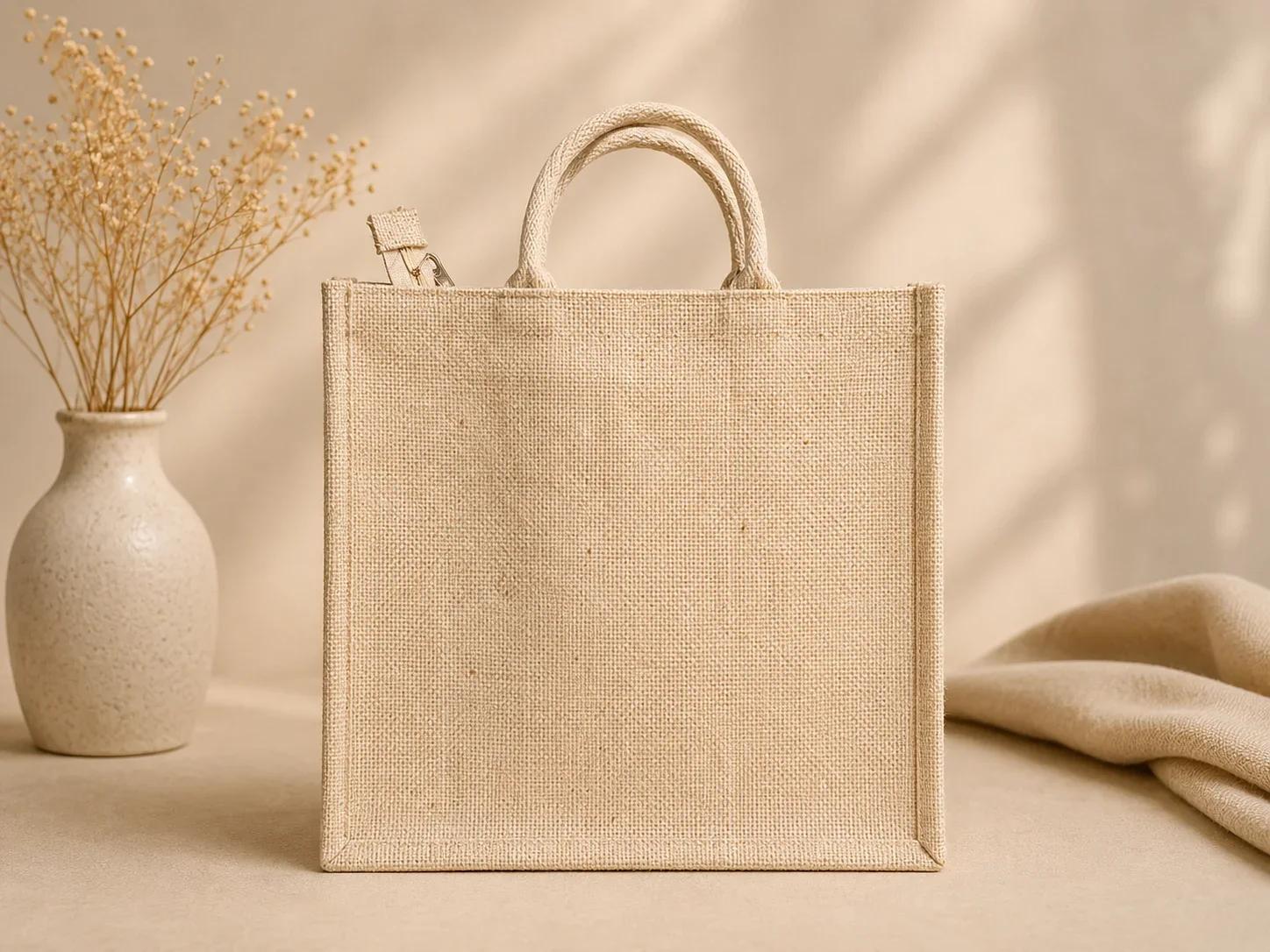 Zippered Natural Beige Jute Canvas Tote Bag