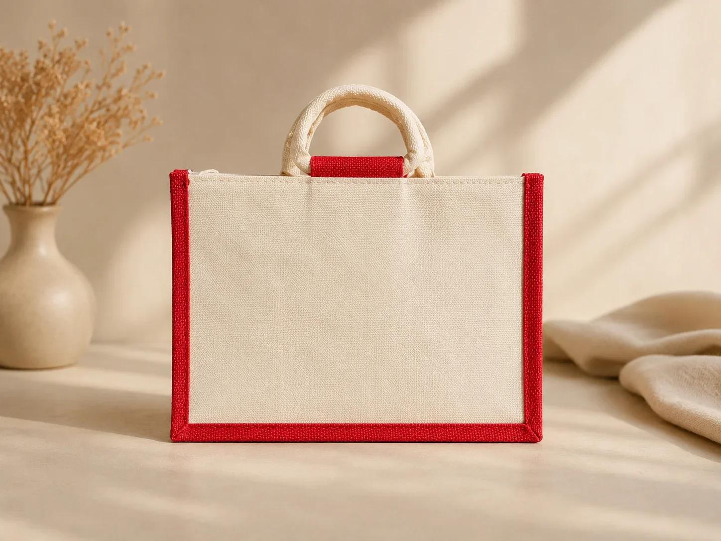Red Border Canvas Jute Tote Bag