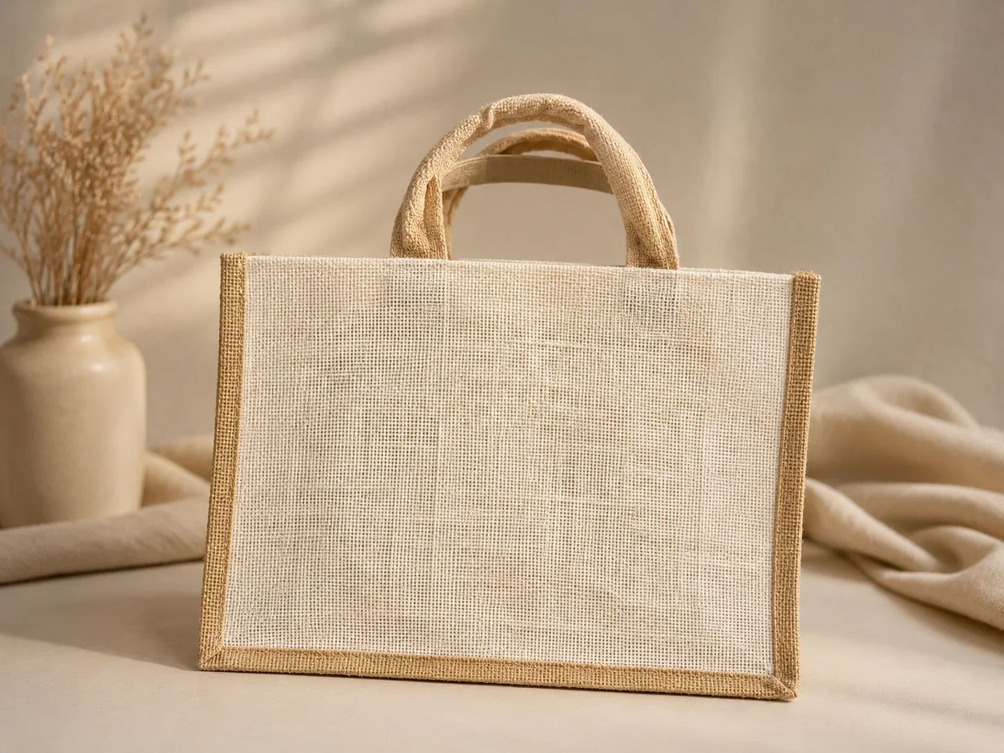 Dual-Tone Natural Jute Canvas Tote Bag