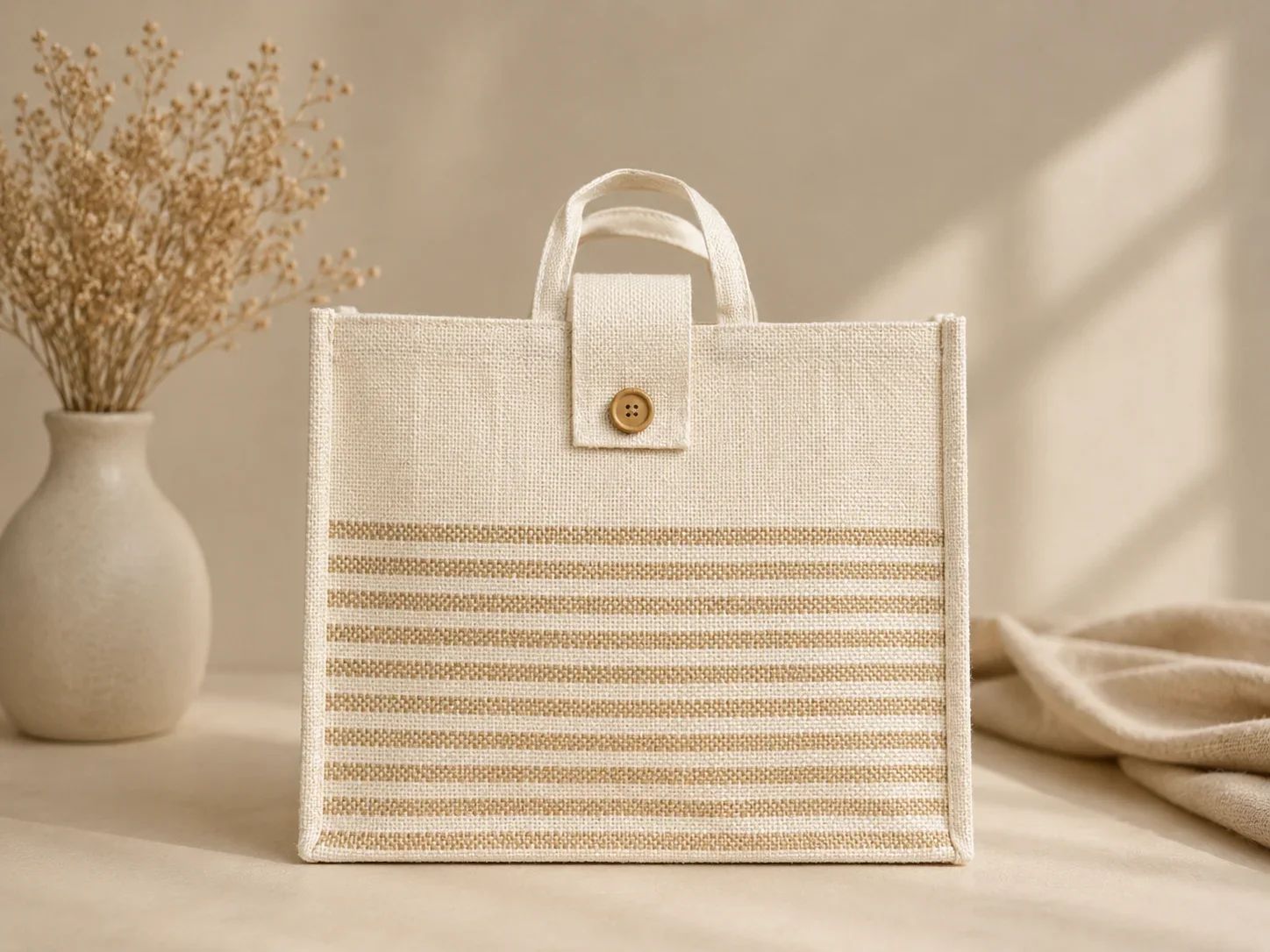 Beige Striped Jute Canvas Button Bag