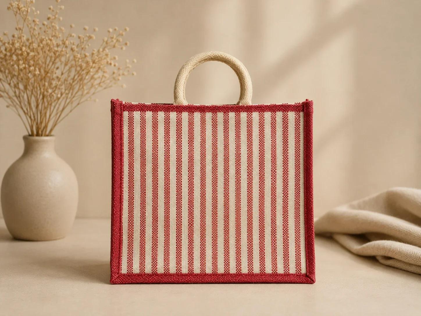 Red Vertical Striped Jute Canvas Tote Bag