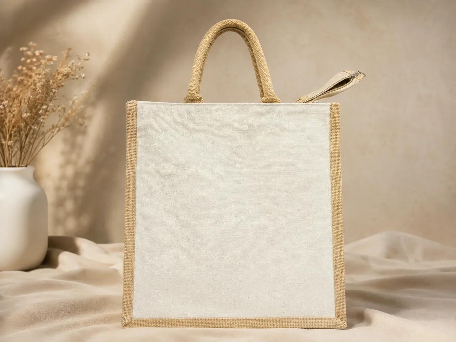 Zippered White Canvas Jute Tote Bag