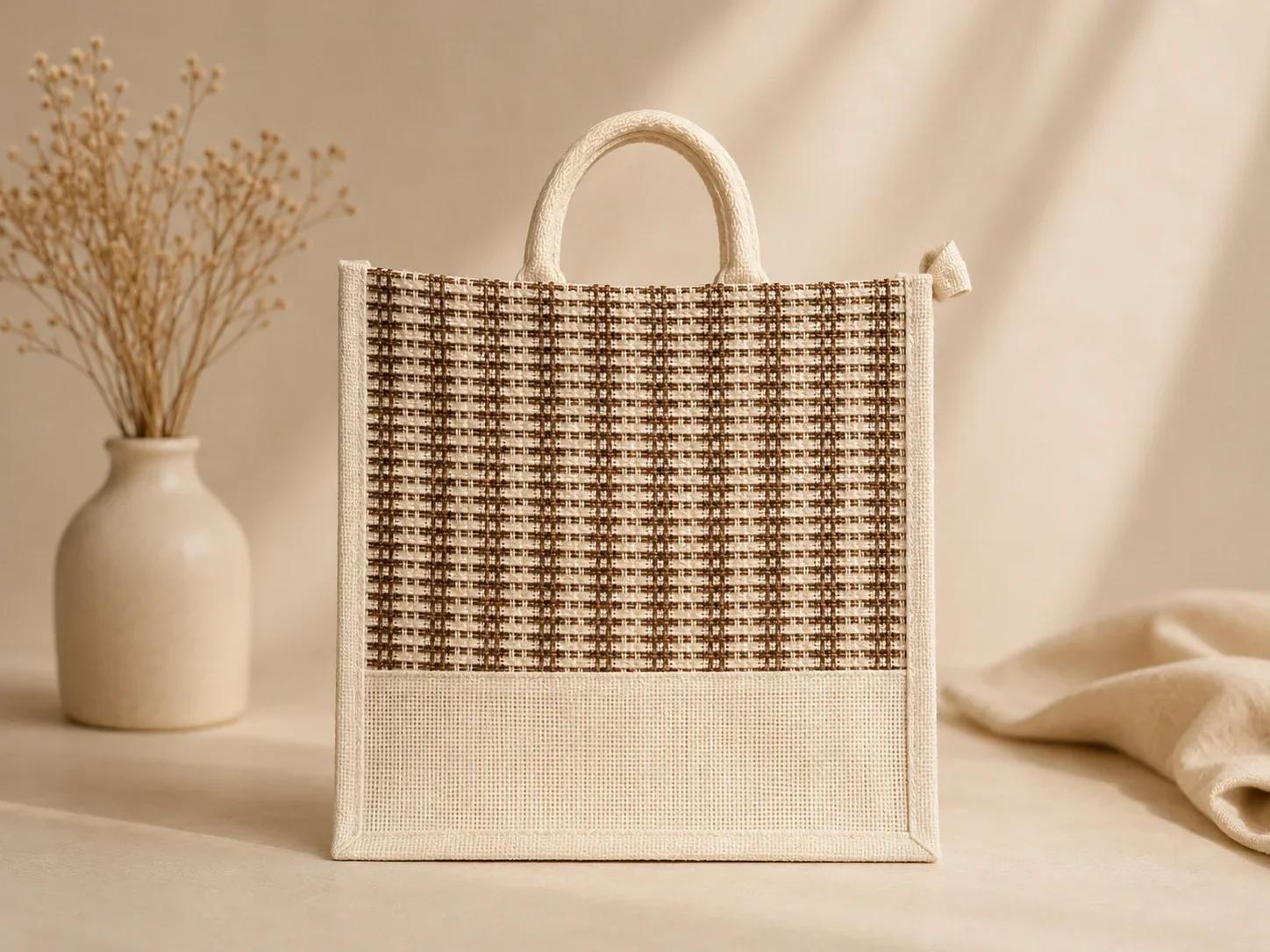 Brown Grid Woven Jute Canvas Tote Bag