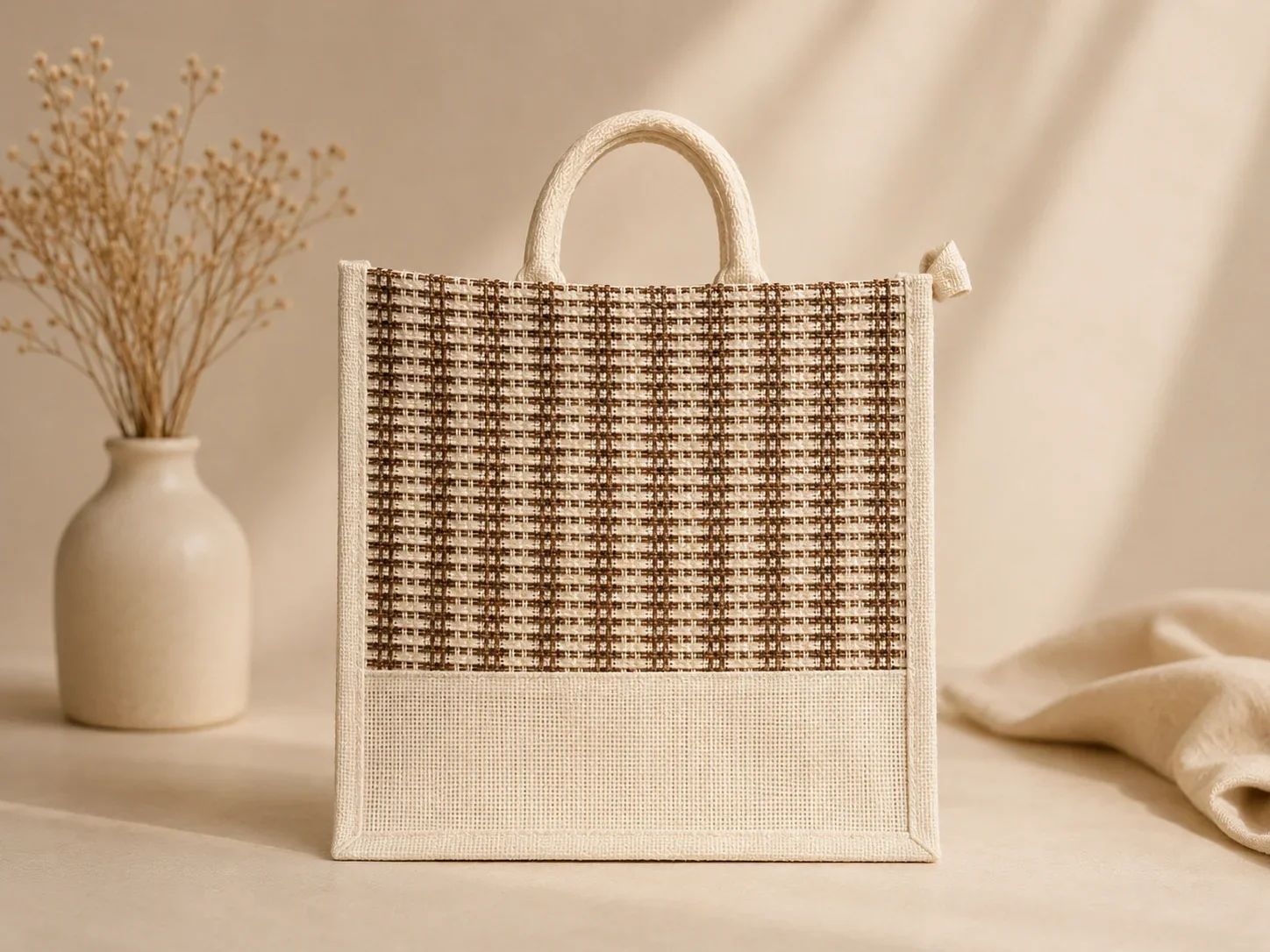 Brown Grid Woven Jute Canvas bags