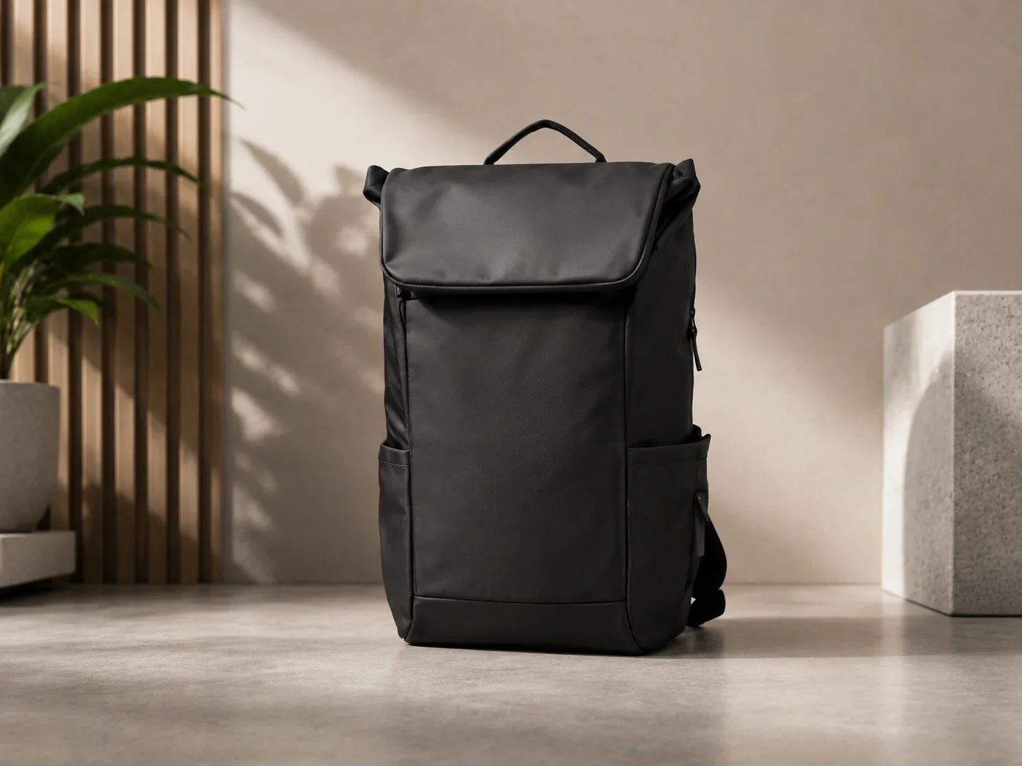 UrbanGear Matte Black Roll-Top Flap Backpack