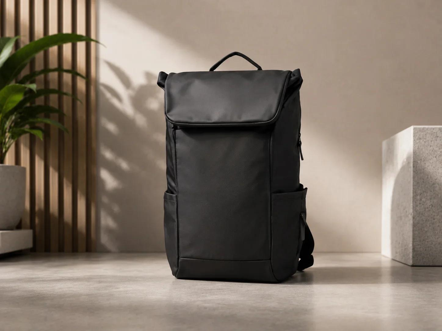 UrbanGear Matte Black Roll-Top Flap Backpack