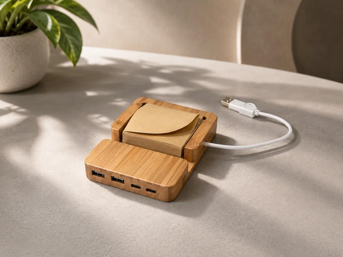 UrbanGear Wooden Multi-Port Desk Charging Station with Sticky Note Holder