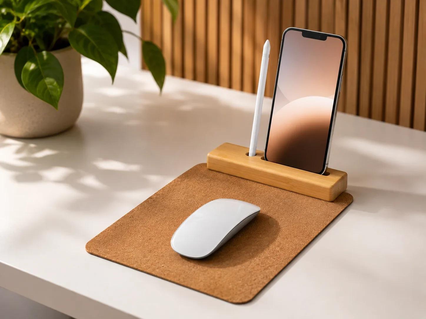 UrbanGear Wooden Phone Stand & Cork Mouse Pad Desk Organizer