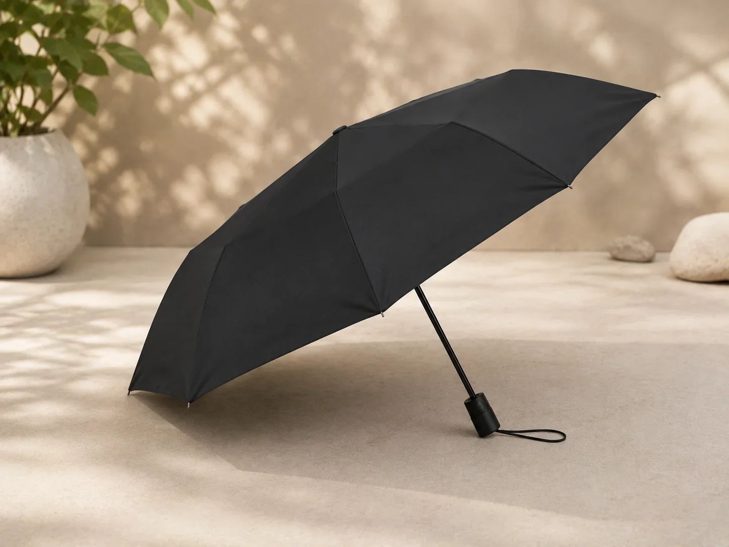 Compact Automatic Foldable Black Umbrella with Wrist Strap
