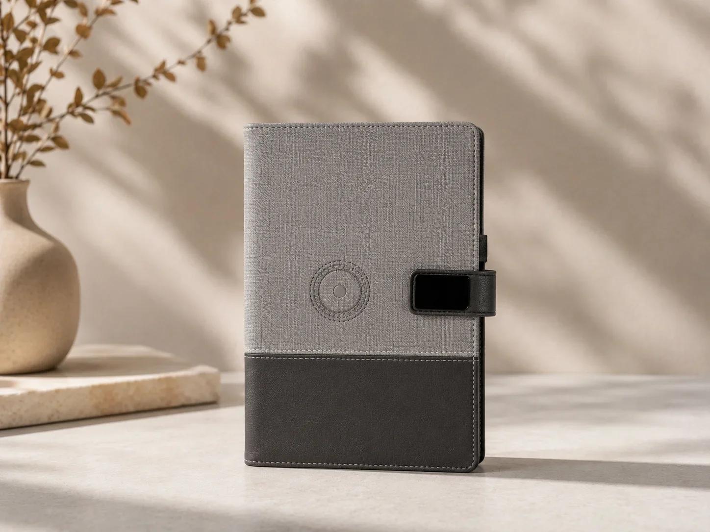 Dual Tone Grey Fabric & Leatherette Organizer Planner with Magnetic Tab