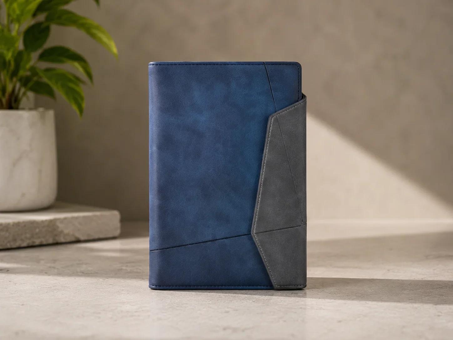 Geometric Two Tone Blue & Charcoal Leatherette Executive Journal
