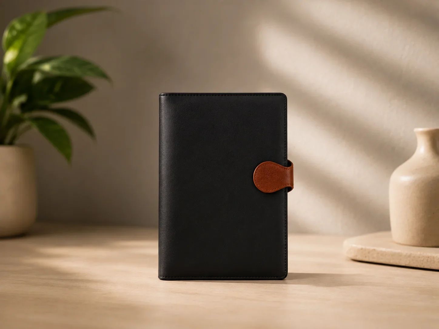 Black Leatherette Executive Diary with Contrast Tan Magnetic Closure