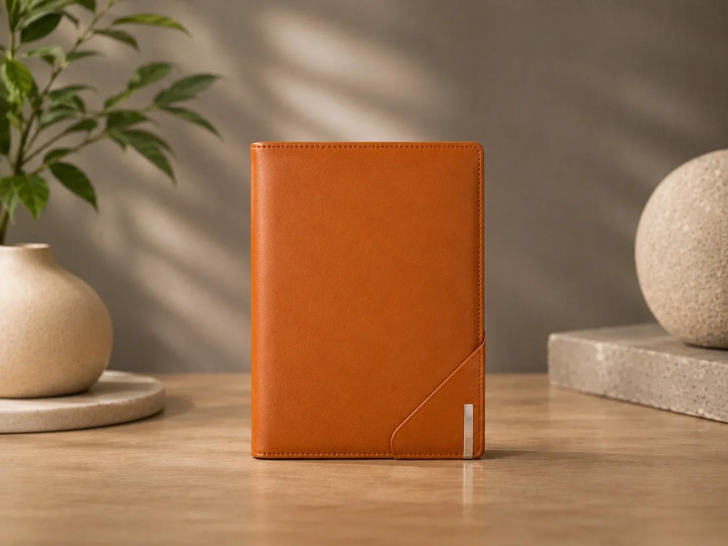 Cognac Brown Leatherette Journal with Angular Front Pocket Slip