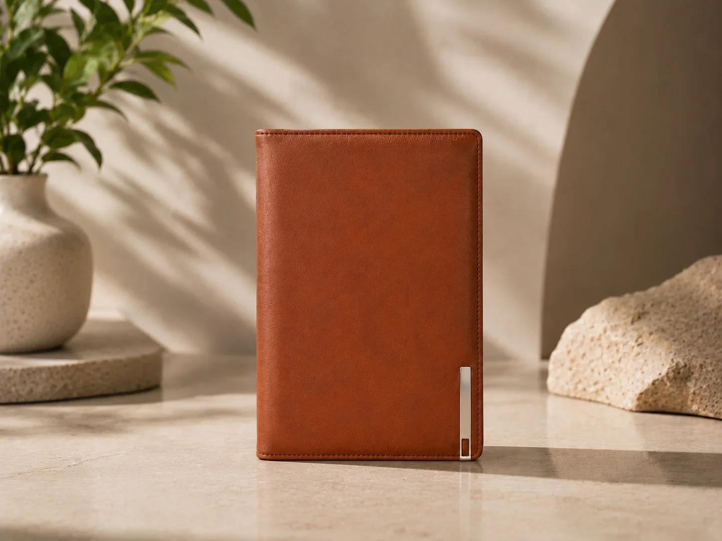 Premium Cognac Leatherette Notebook with Metallic Corner Accent