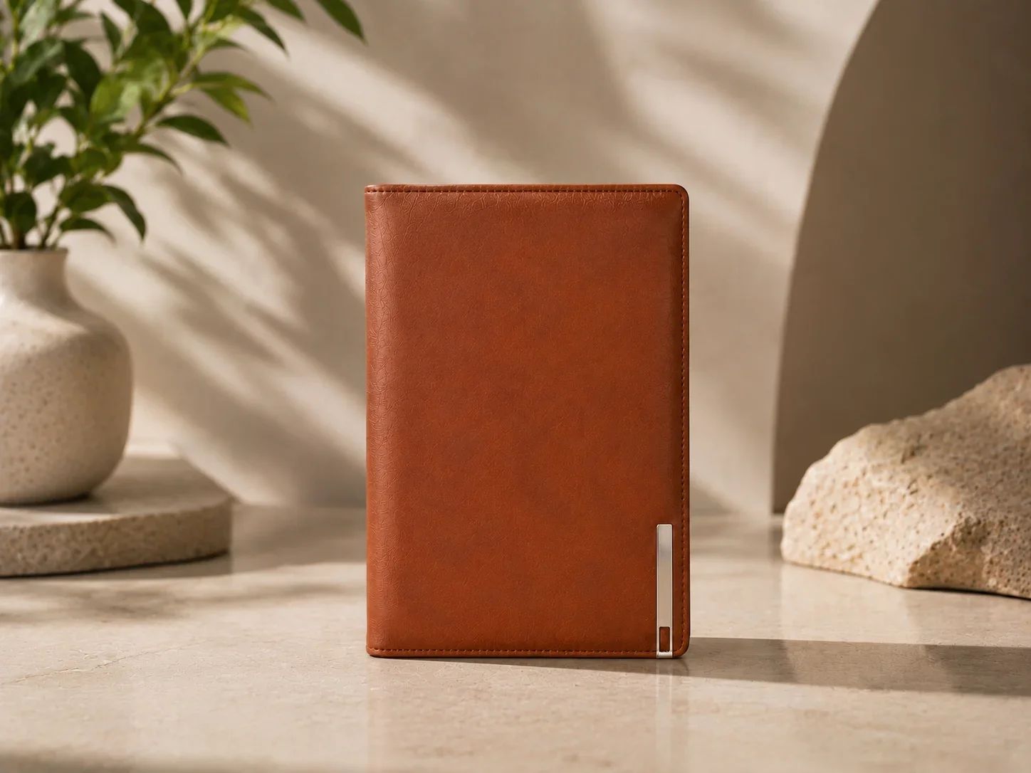 Premium Cognac Leatherette Notebook with Metallic Corner Accent