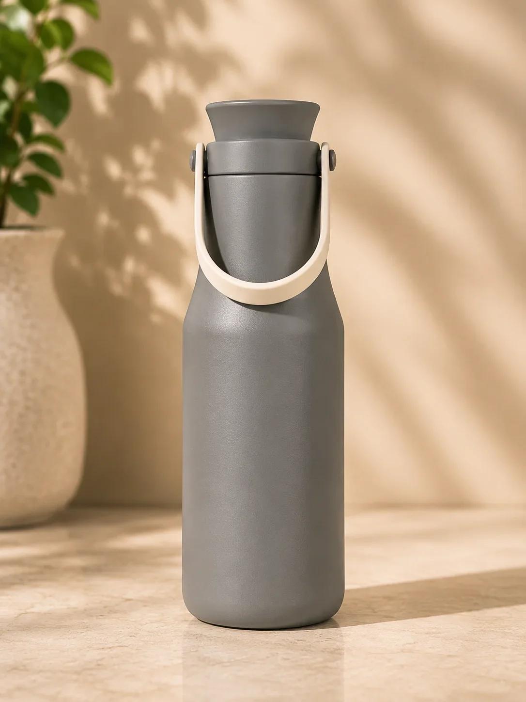 Matte Grey Stainless Steel Insulated Flask with Flexible Carry Handle