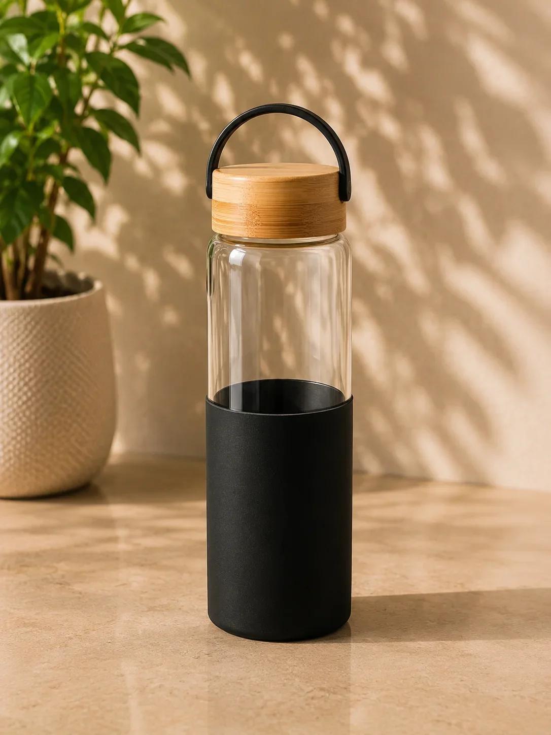 Clear Glass Hydration Bottle with Bamboo Lid and Protective Black Sleeve