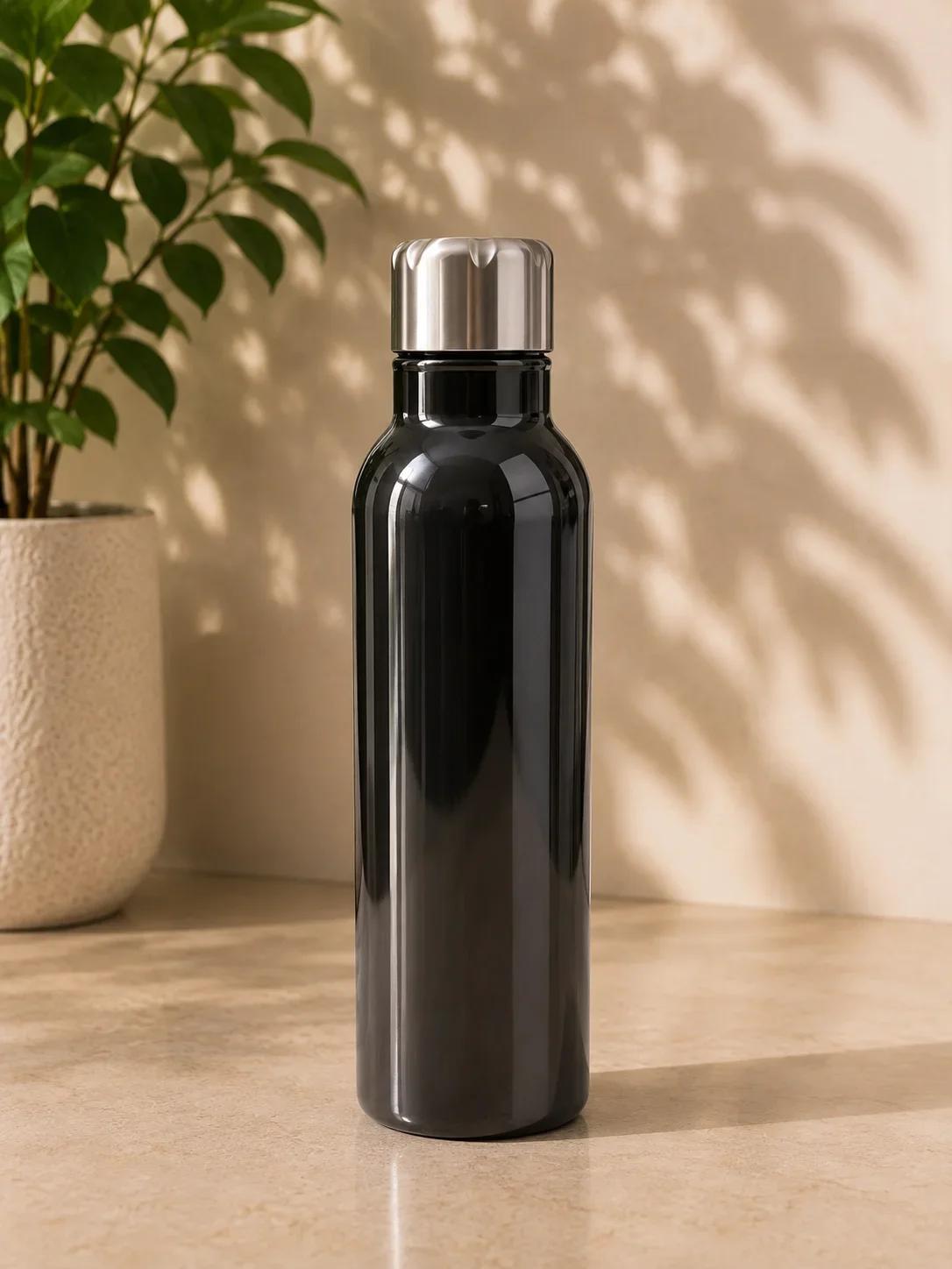 Glossy Black Stainless Steel Hydration Bottle with Ribbed Metal Cap