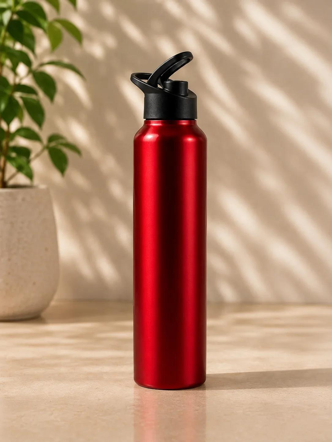 Metallic Crimson Red Sports Bottle with Flip-Straw Handle Cap