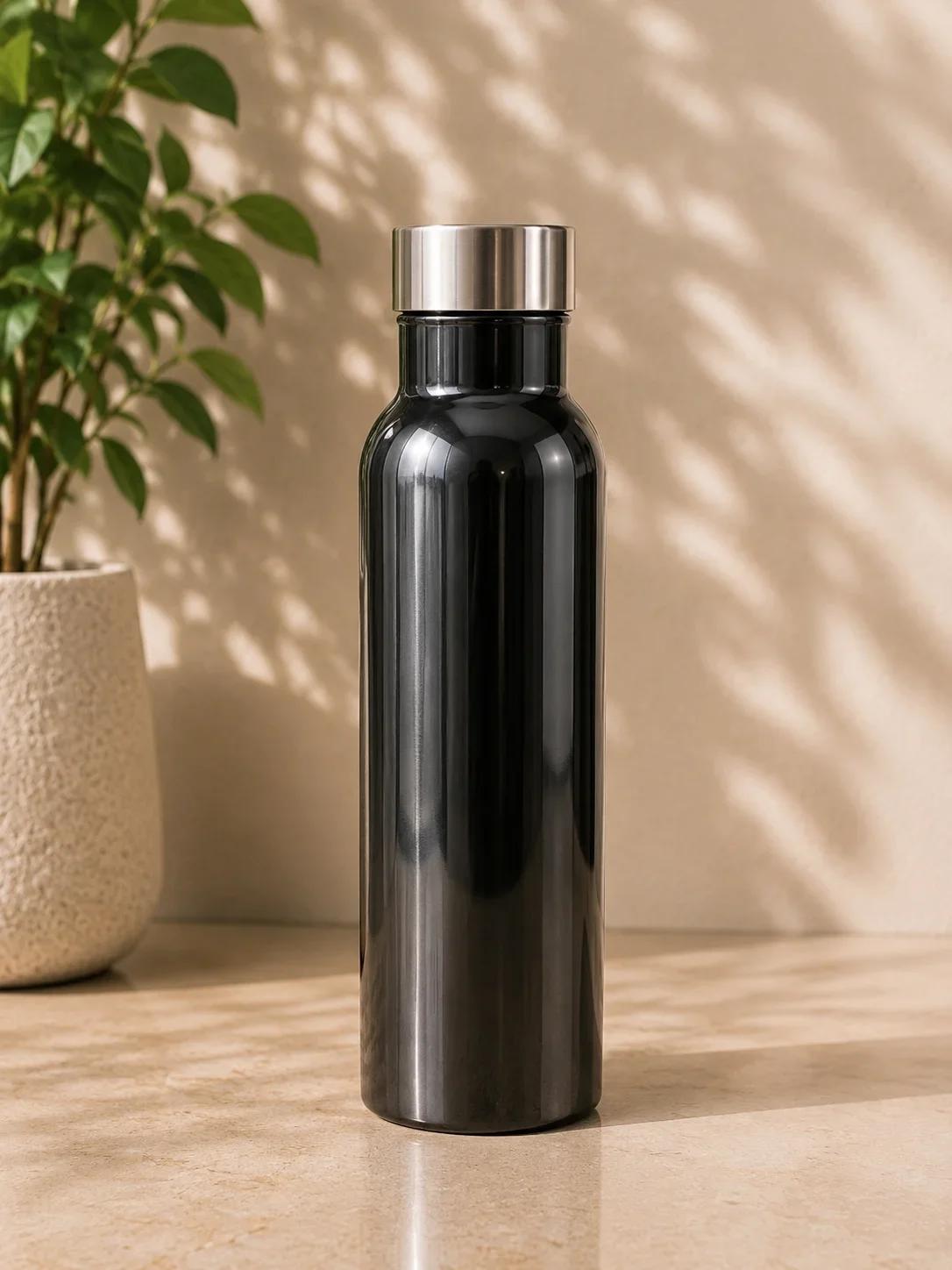 Glossy Black Stainless Steel Hydration Bottle with Brushed Silver Cap