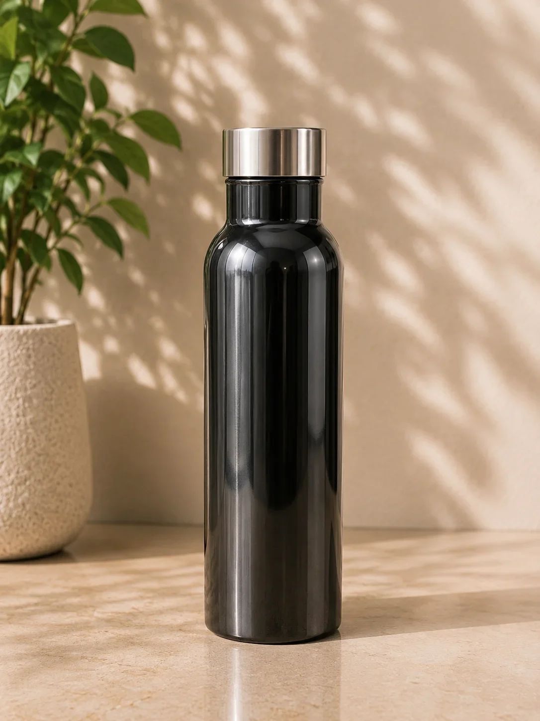 Glossy Black Stainless Steel Hydration Bottle with Brushed Silver Cap