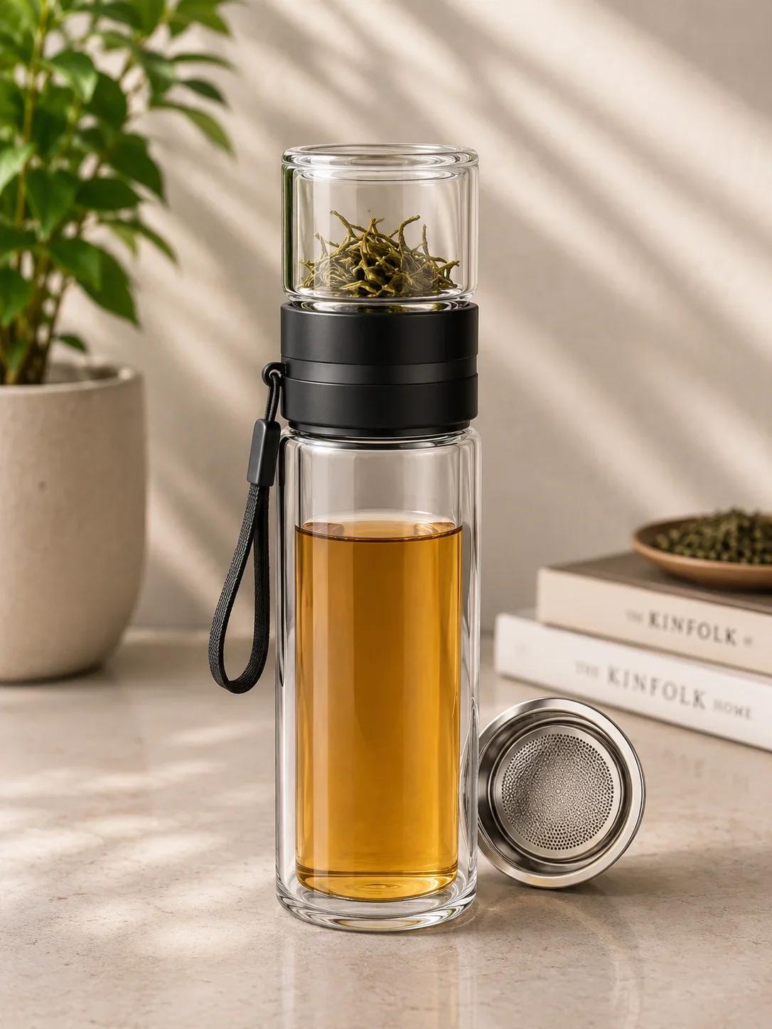 Double-Wall Glass Tea Infuser Bottle with Loose Leaf Chamber & Strap