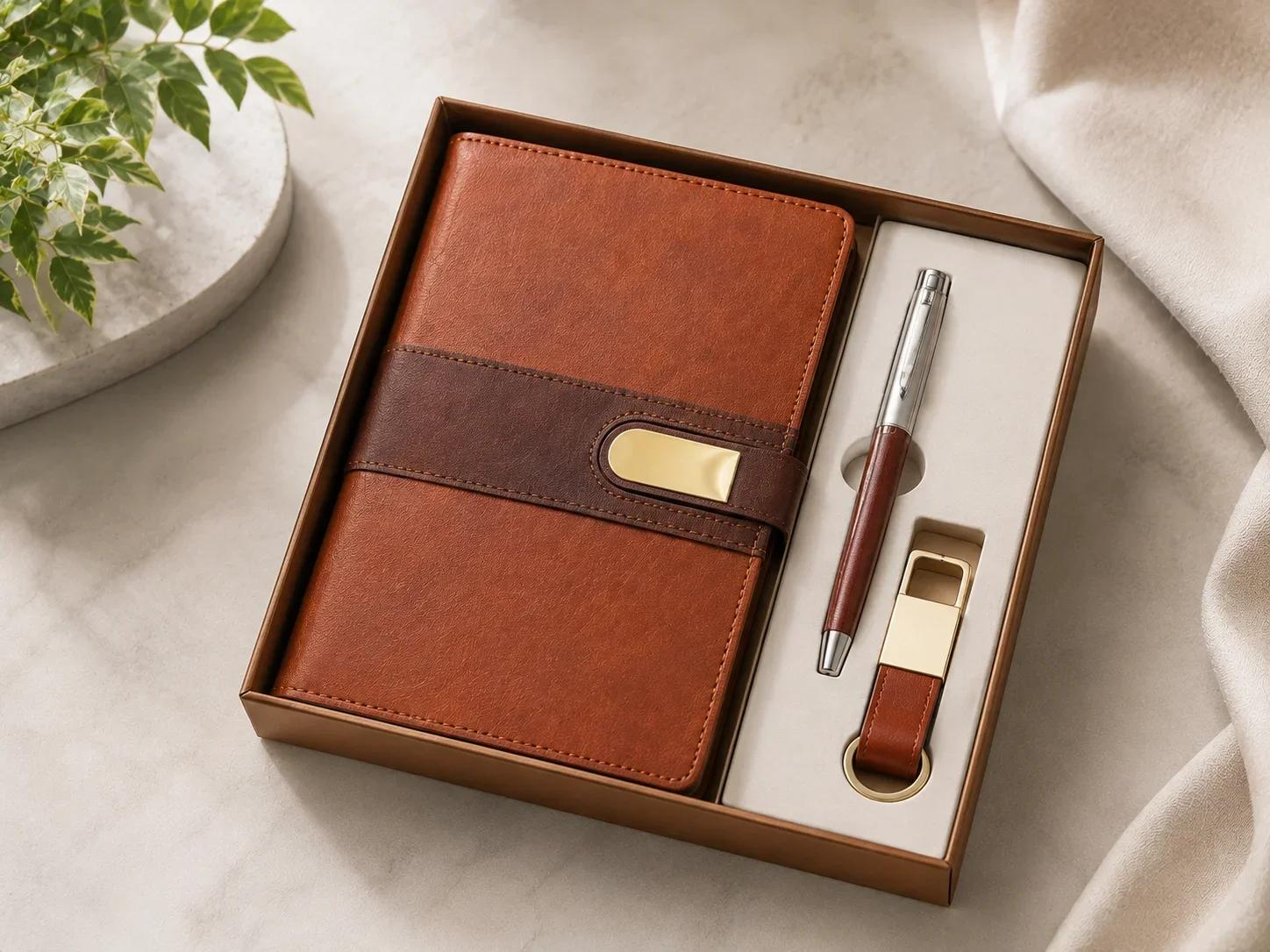 3-in-1 Executive Brown Leatherette Gift Set with Notebook, Pen & Keychain