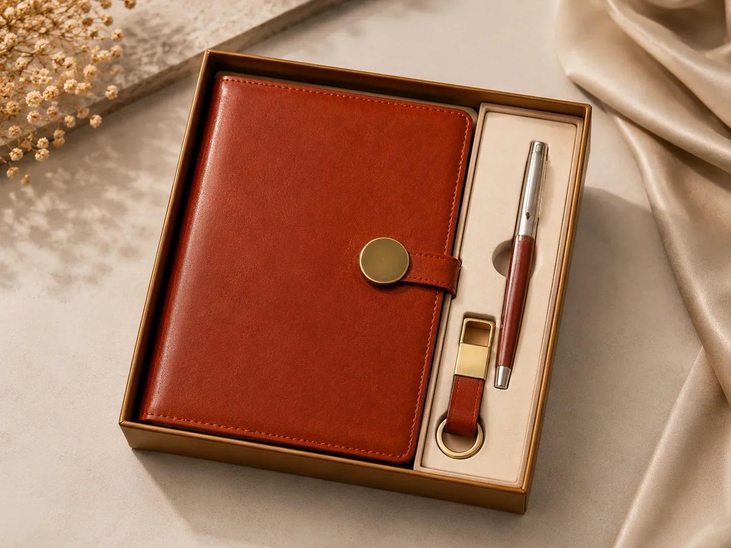 Premium Tan Leatherette Executive Gift Set with Diary, Pen & Keychain
