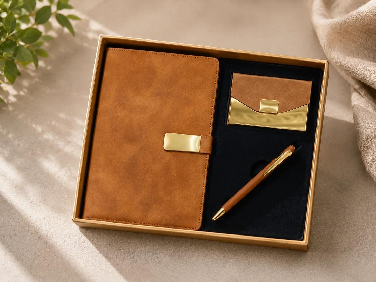 Luxury Camel Brown Business Gift Set with Journal, Card Holder & Ballpoint Pen