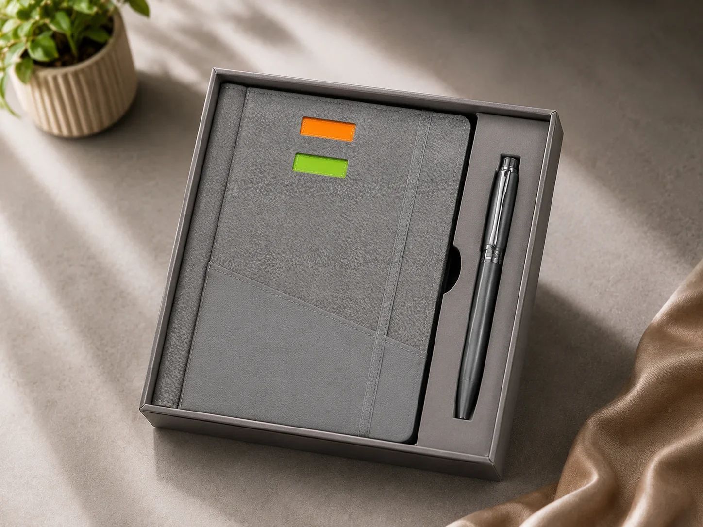 Contemporary Grey Fabric-Finish Organizer Notebook & Metallic Pen Gift Set