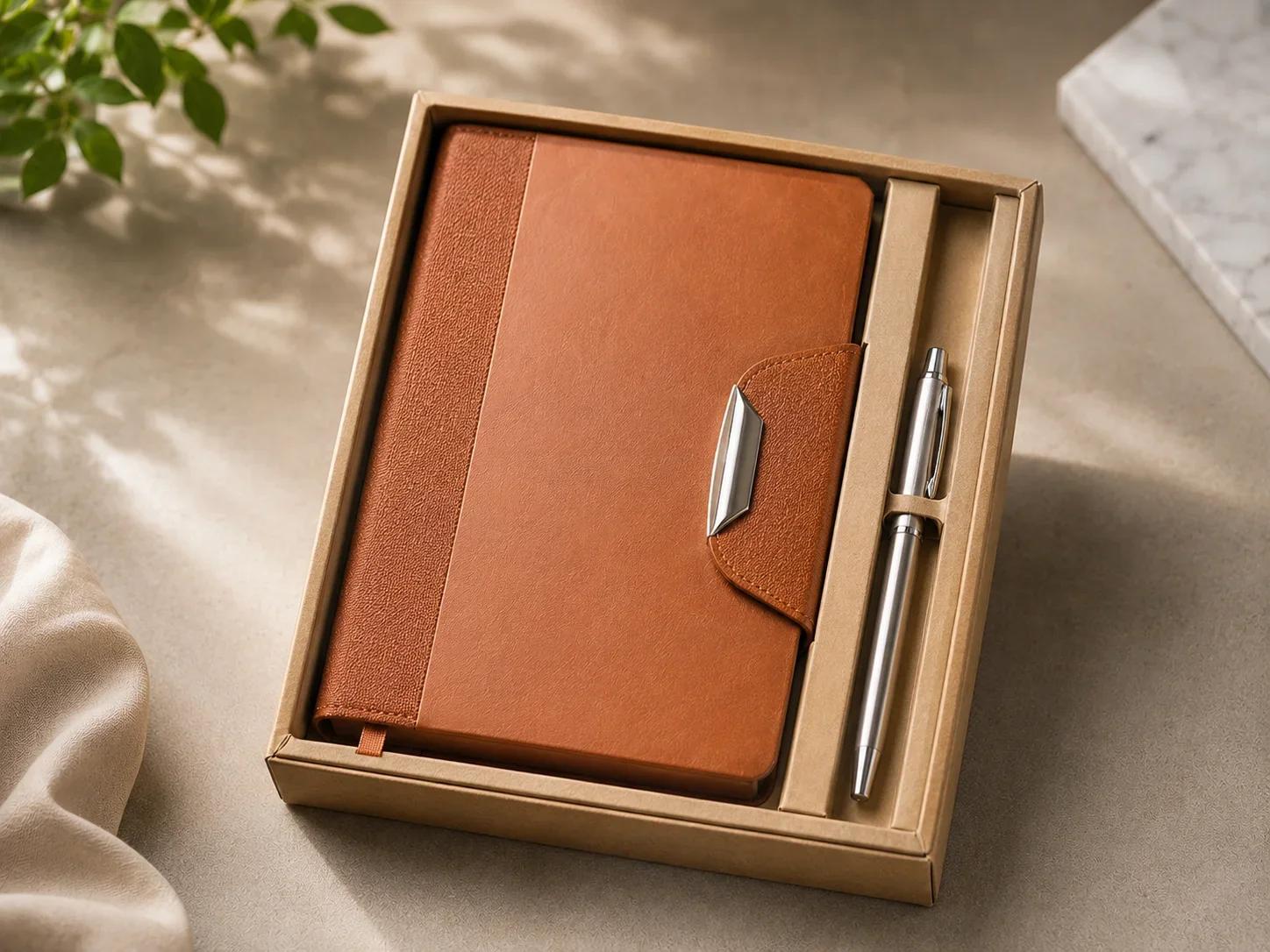 Eco-Kraft Executive Gift Box with Dual-Texture Cognac Brown Journal & Silver Pen