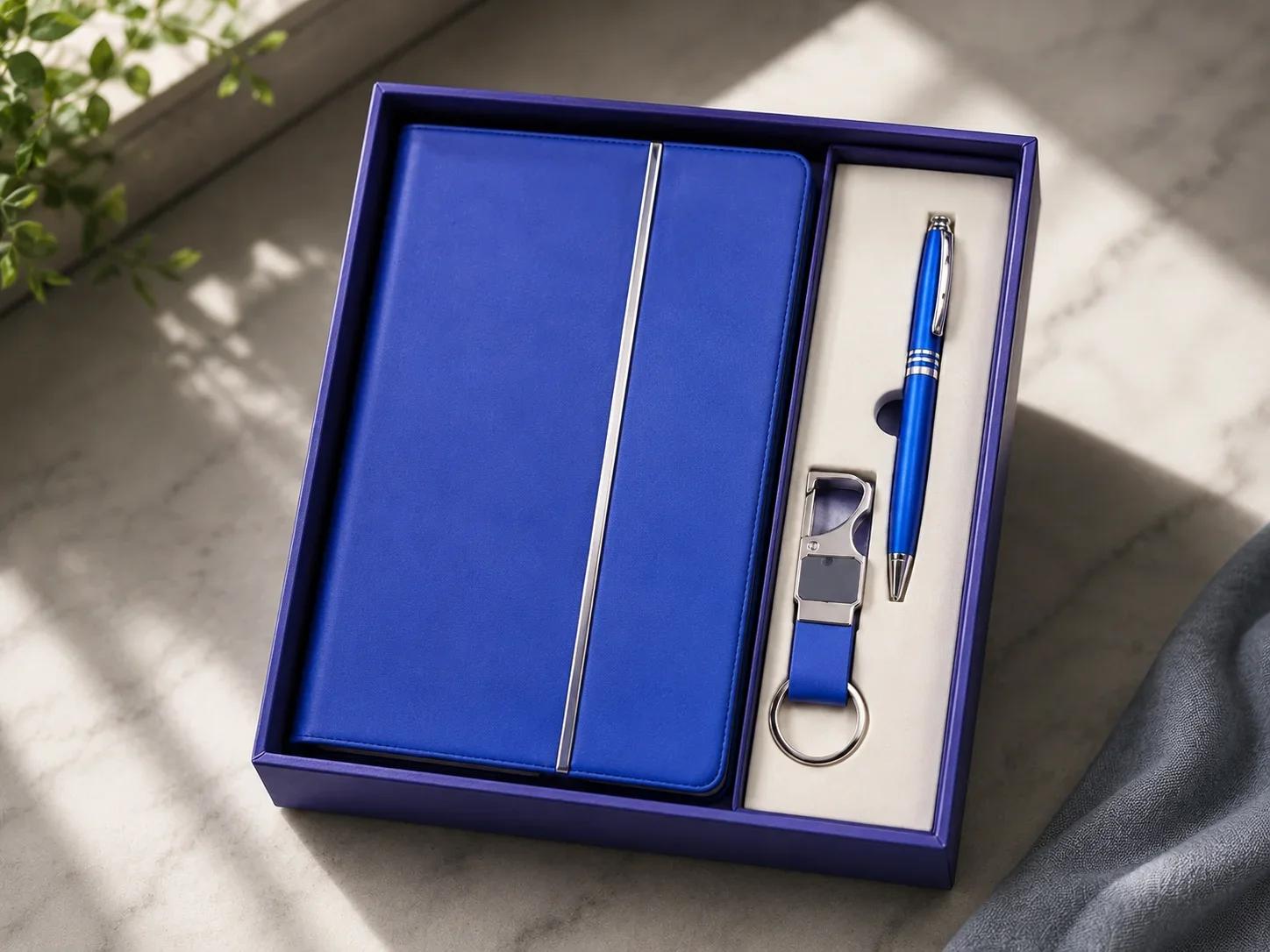 Royal Blue Executive Gift Set with Metallic Stripe Diary, Pen & Bottle Opener Keychain