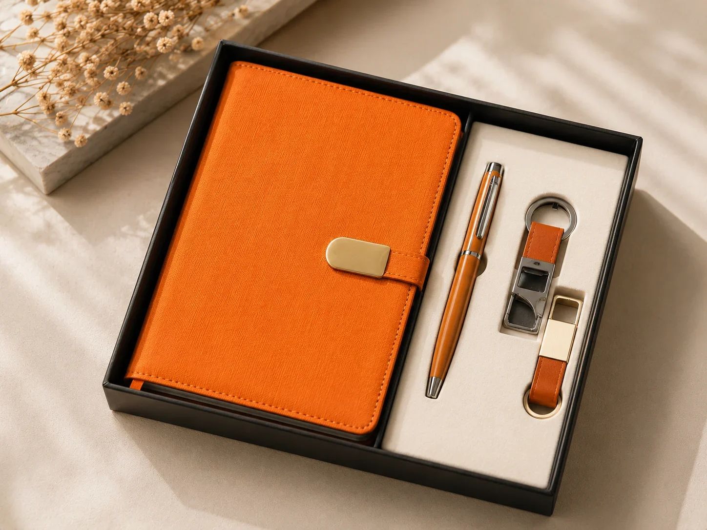 Vibrant Orange 4-Piece Corporate Executive Gift Set with Journal, Pen & Dual Keychains
