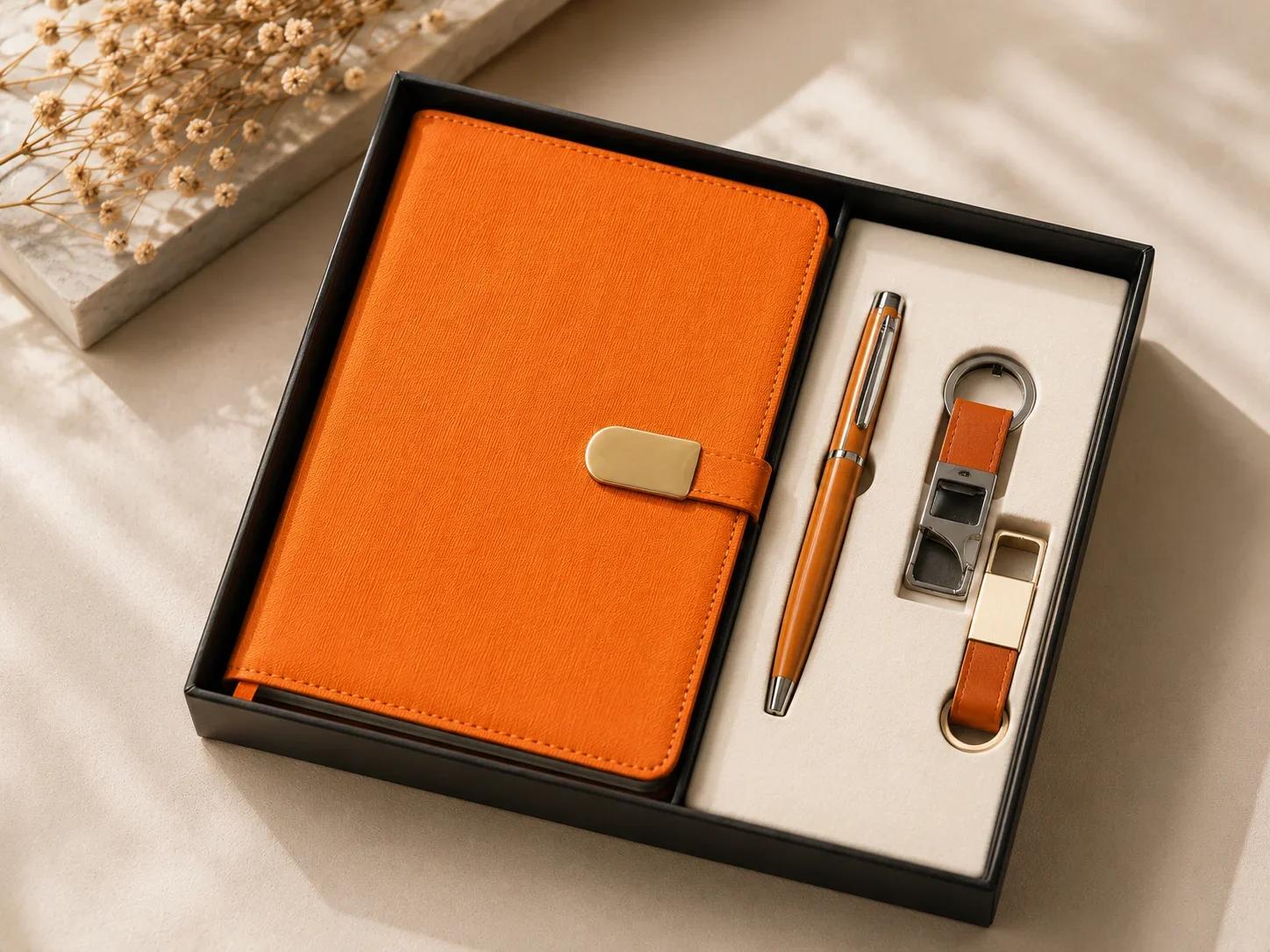 Vibrant Orange 4-Piece Corporate Executive Gift Set with Journal, Pen & Dual Keychains