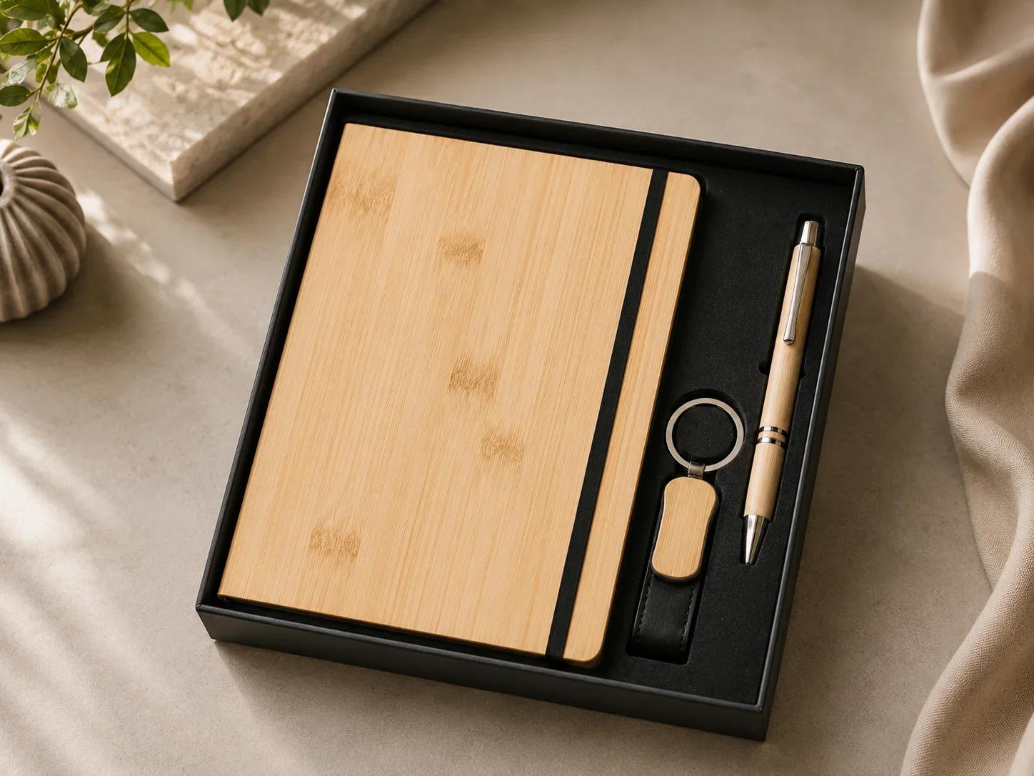 Sustainable Bamboo Wooden Corporate Gift Set with Hardcover Journal, Pen & Keychain