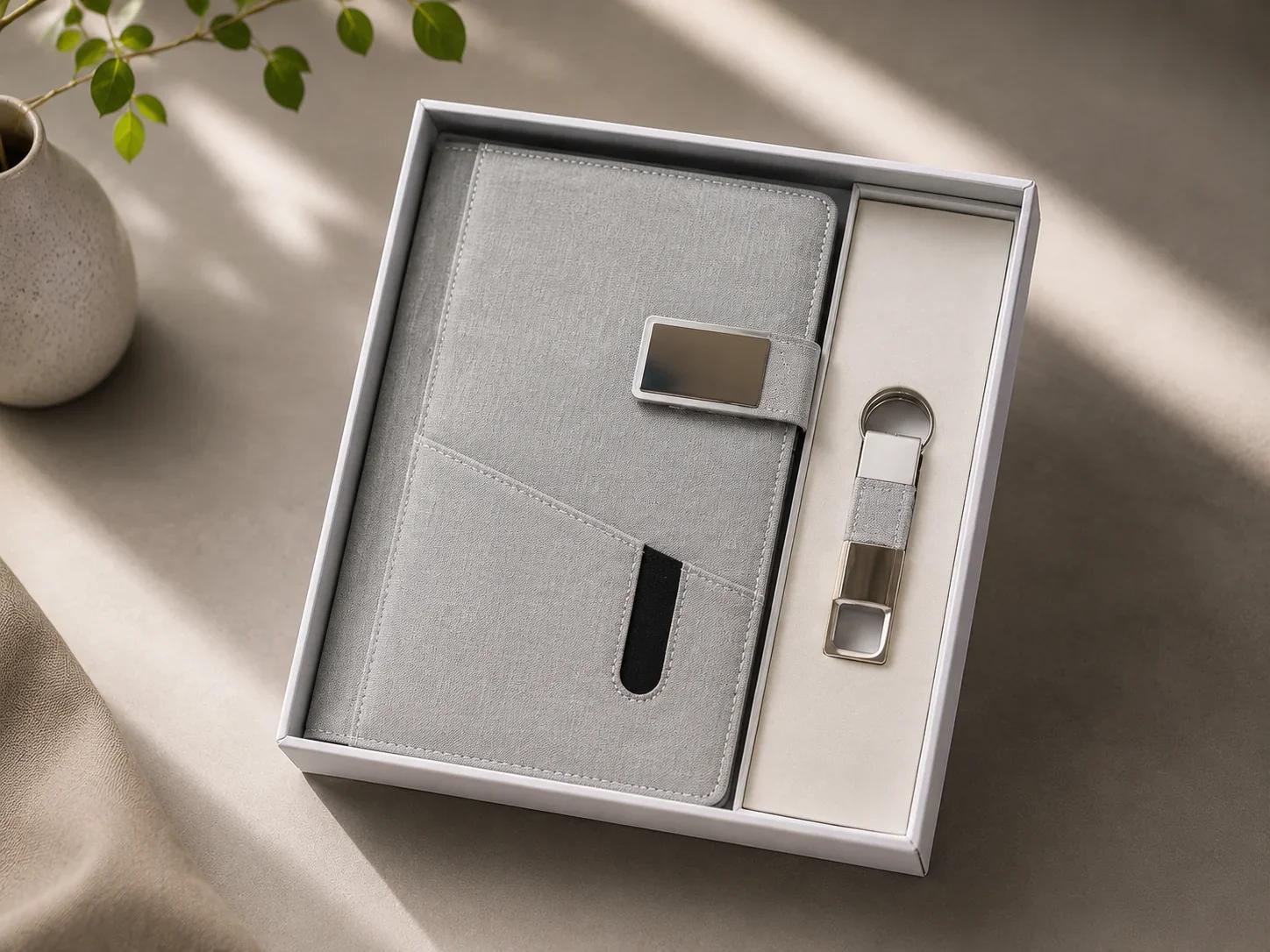 Minimalist Light Grey Fabric-Texture Diary & Keychain Executive Gift Box
