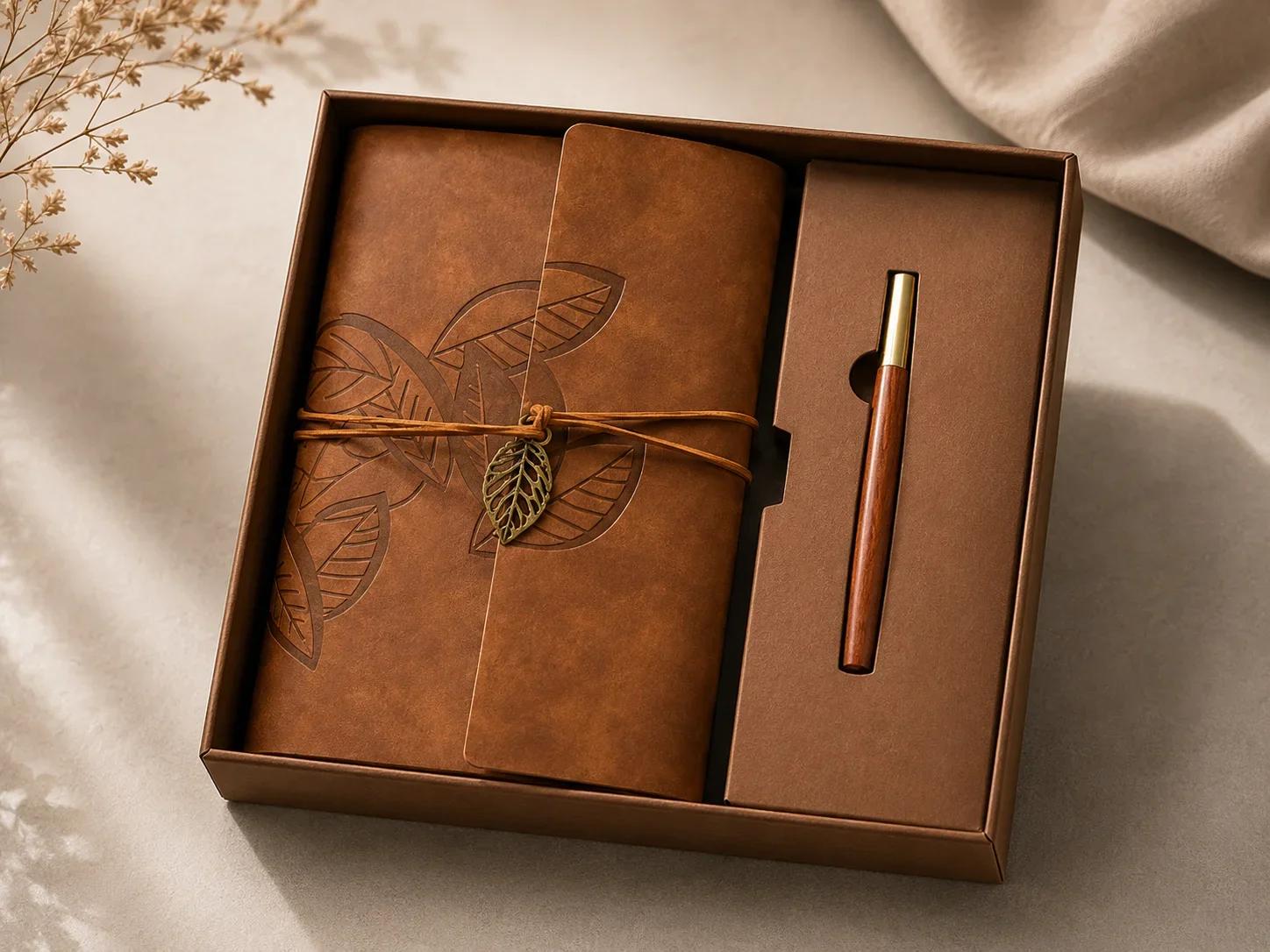 Luxury Tan Leaf-Embossed Journal & Wooden Pen Premium Boxed Set