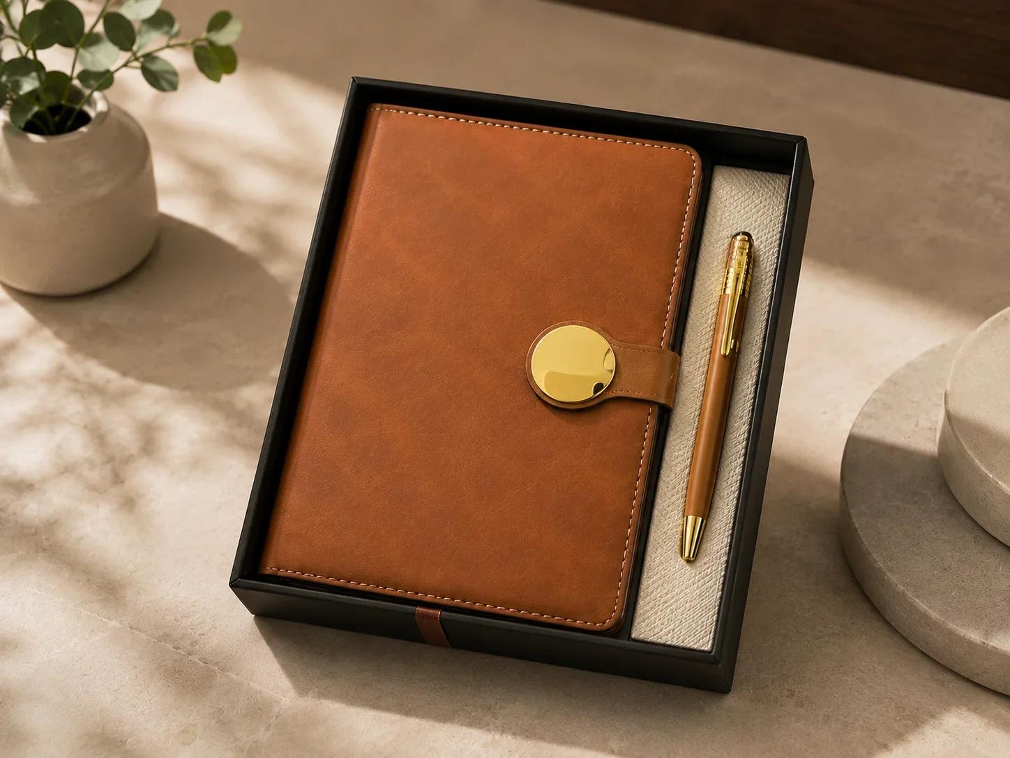 Tan Executive Leatherette Journal and Metallic Pen Box Set