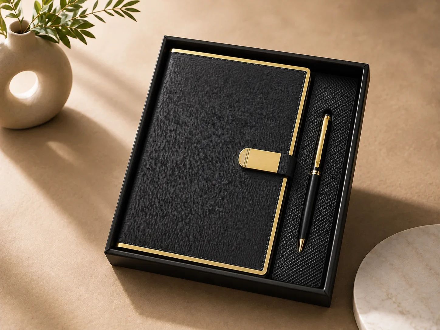 Luxury Black & Gold Trim Executive Notebook and Pen Gift Box