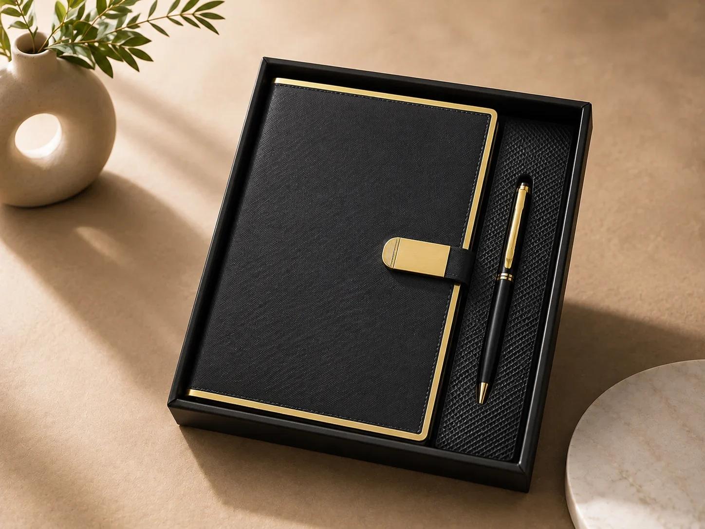 Luxury Black & Gold Trim Executive Notebook and Pen Gift Box