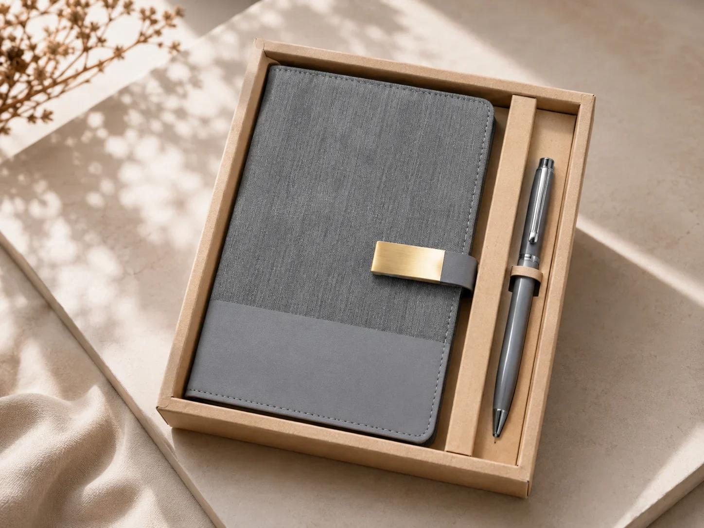 Premium Grey Textured Notebook and Metallic Pen Gift Set