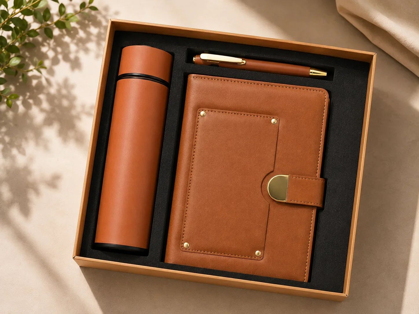 Premium Tan Leatherette 3-in-1 Corporate Gift Set with Planner, Flask & Pen