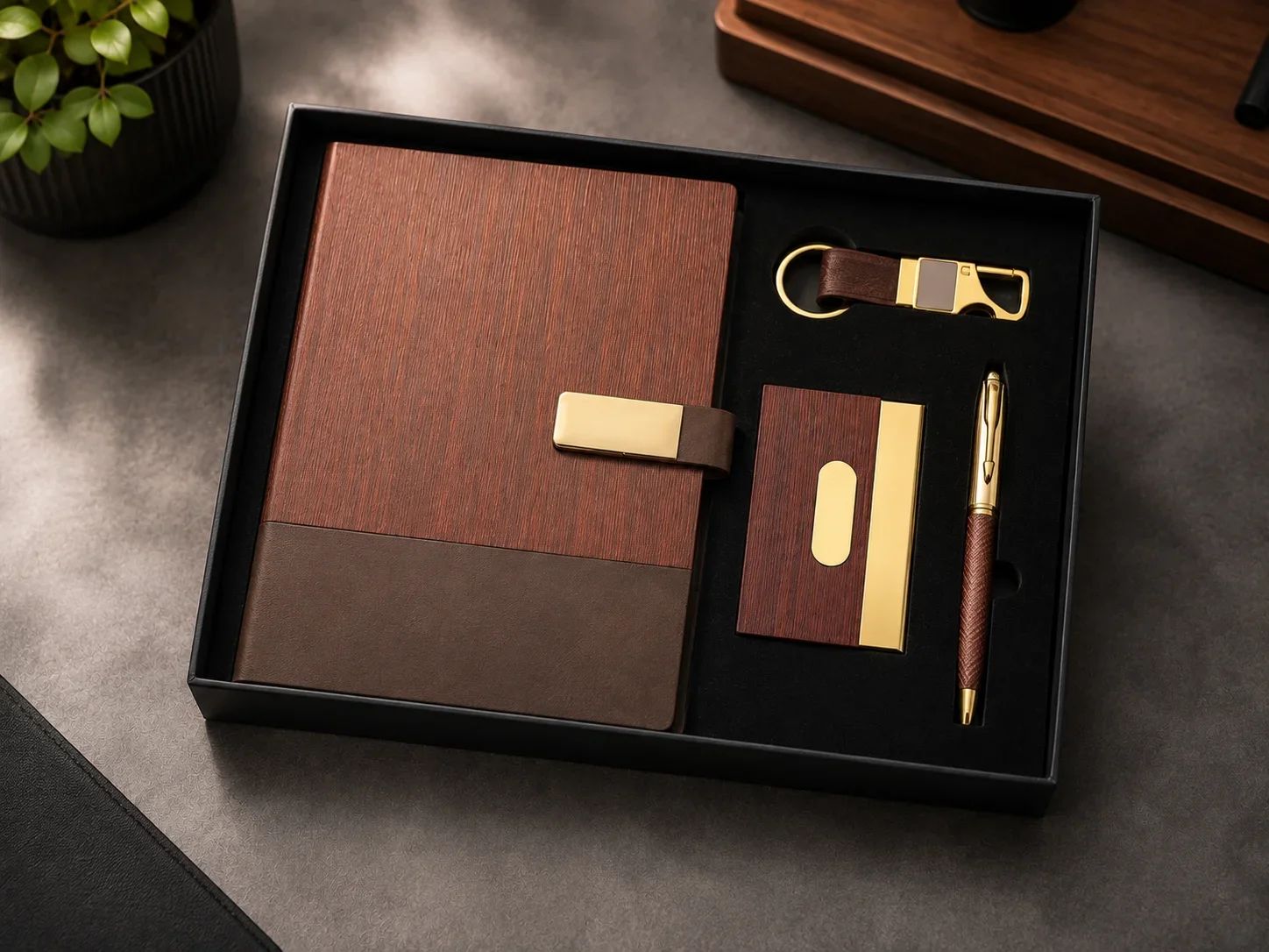 Luxury Wooden Finish 4-in-1 Corporate Gift Box with Diary, Card Holder, Keychain & Pen